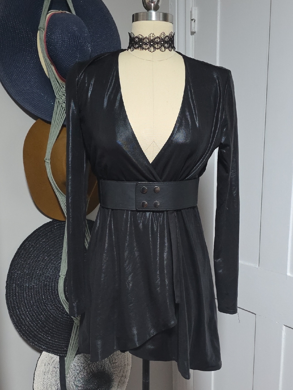 BEBE Black Wet Look Wrap Dress Sz M